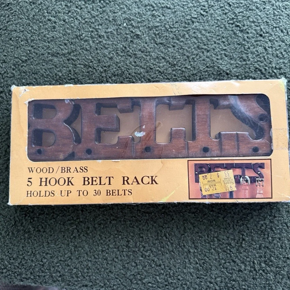 Vintage Brass And Wood Belt Holder Word NIP Belt Organizer 1970's